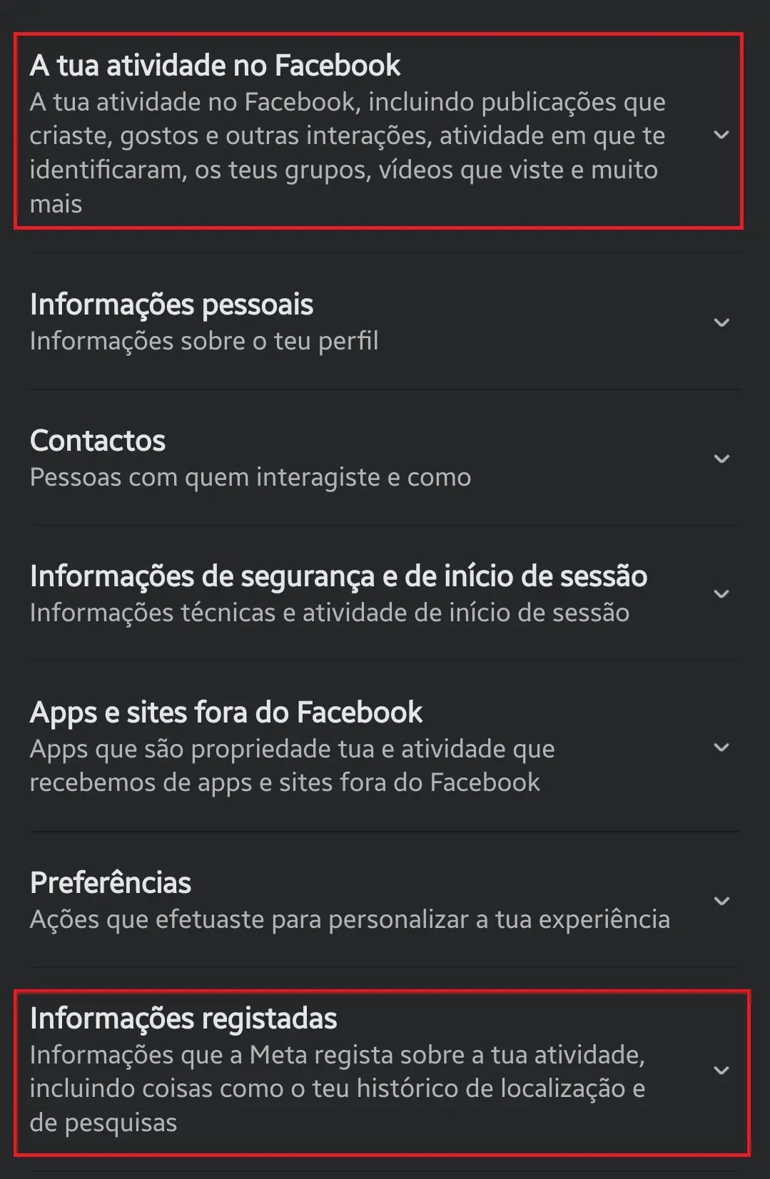 Registro detalhado de atividades no Facebook