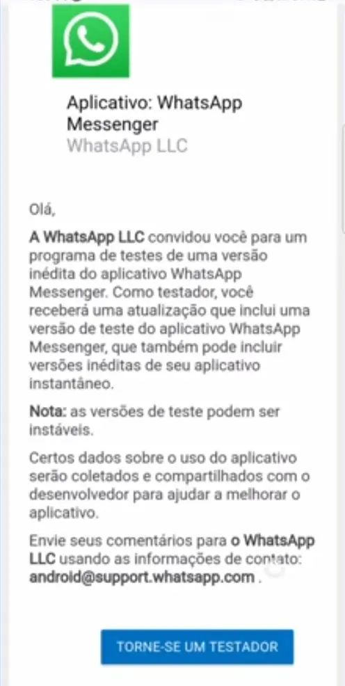 Mensagem confirmando aderência ao programa de testador beta do Whatsapp