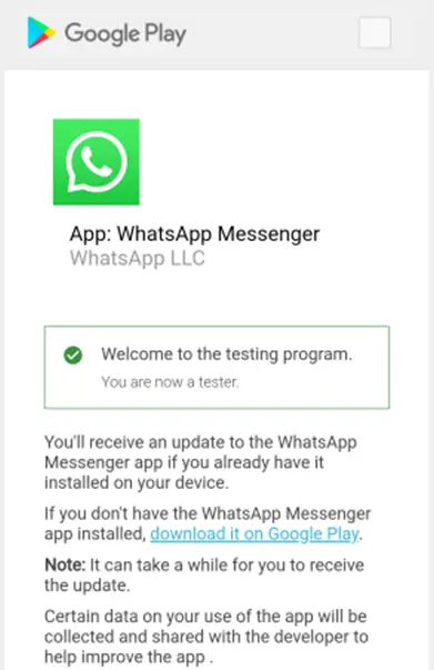 Mensagem de boas vindas ao programa de testador beta do Whatsapp