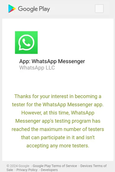 Mensagem informando que o número de testador beta do whatsapp já foi atingido