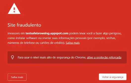 Report Phishing Google - Google exibindo mensagem de site fraudulento