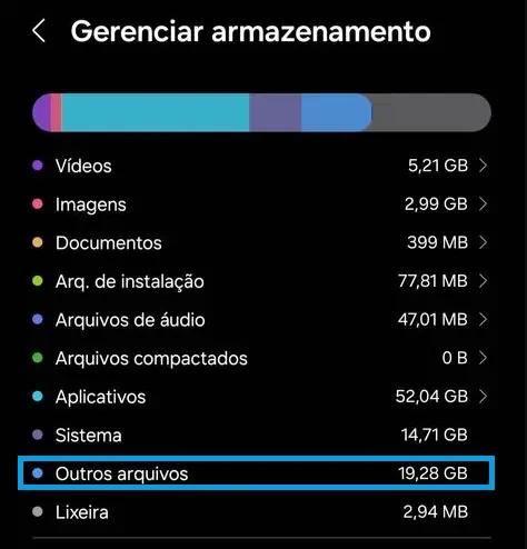 Gerenciador de arquivos da Samsung mostrando a pasta 'outros arquivos'.